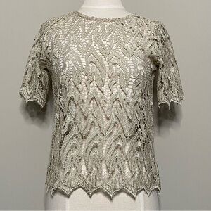 Alexis Metallic Gold Lace Crochet Short Sleeve Top, Size Small
